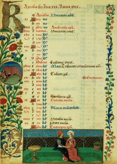 April; Two lovers seated outdoors, by Robinet Testard, from the Hours of Charles of Angouleme by French School