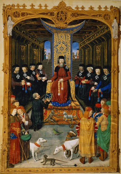 The author dedicating his book to Pierre dAubusson, Grand Master of the Order of St. John of Jerusalem, from A History of the Siege of Rhodes, by Guillaume Caoursin, 1483 by French School