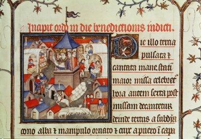 Miniature of a bishop blessing the annual fair or market held for two weeks in June on the plains of St. Denis, from a pontifical, 1301-1400 by French School