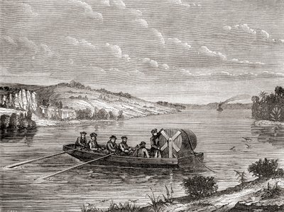 Laying a telegraph cable under an American river c.1860, from Les Merveilles de la Science, published c.1870 (engraving) by French School