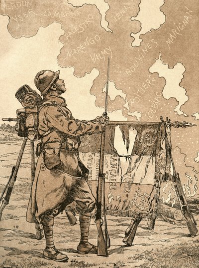 Le Bleuet. Symbol of memory and solidarity in France, for veterans and victims of the first world war. 1st World War French propaganda illustration evoking French victories through the ages. From Agenda Buvard du Bon Marche published 1917. by French School