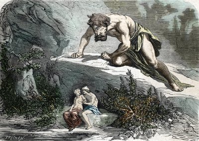 The Cyclops Polyphemus Surprising Galatea and Acis (engraving) by French School