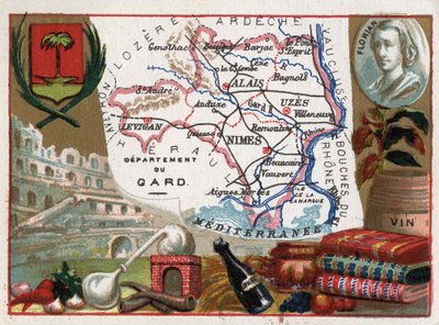 Le Gard (30), Languedoc-Roussillon (Languedoc Roussillon), France - Local speciality: eau de vie (distillation apparatus) and wine - Portrait of Jean-Pierre-Claris de Florian (1755-1794) - Series on the French Departments - Chromolithography by French School