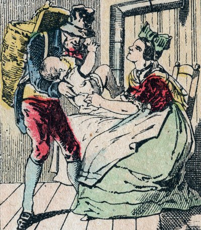 Le Pere Fouettard French character for the whipping father, legendary figure of folklore punishing the naughty children and enclosing the disobedient ones, Epinal picture 19th century by French School