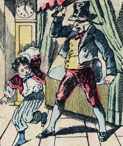 Le Pere Fouettard legendary character of folklore, punishing unwise children with his whip, and enclosing disobedient children, image of Epinal by French School