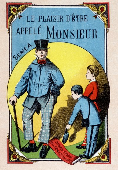 The Pleasure of Being Called Monsieur: children greeting a worker in a blouse with top hat, image of Epinal, 19th century by French School