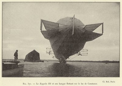The Zeppelin III and its floating hangar on Lake Constance (engraving) by French School
