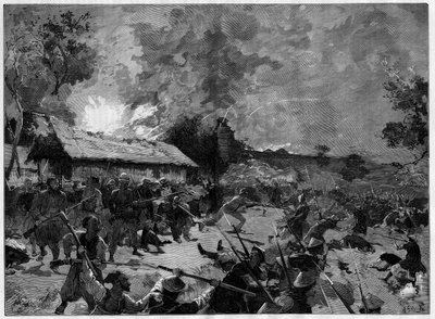 The ambush of Hue, July 4-5, 1885: attack by a Tonkinese army (Vietnam) against the French troops of General de Courcy. Engraving in Le Monde Illustre by French School