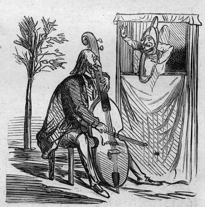 The maestro Offenbach with his music in all the theaters of Paris. The German composer naturalized French Jacques Offenbach (1819-1880) playing the cello. Caricature by Cham. Engraving in 