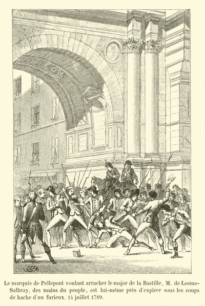 The Marquis de Pellepont trying to rescue the major of the Bastille, M de Losme-Salbray, from the hands of the people, is himself about to expire under the blows of an axe-wielding madman, July 14, 1789 by French School