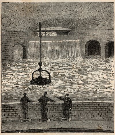 Le reservoir de Montsouris (reservoir de la Vanne), one of the five main water reservoirs of Paris - Engraving in “Sciences brought to the grateboard of all - physics and chemistry” by Alexis Clerc - End 19th century - Private collection by French School