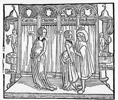 Theatre in the Middle Ages: Three Characters on Stage - Engraving by Terence de Jean Trechsel, ed. in Lyon by French School