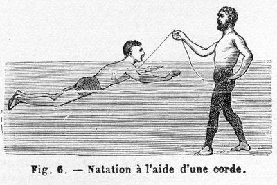 Learning to Swim using a Cord, pub. 1885 engraving, 1885 by French School