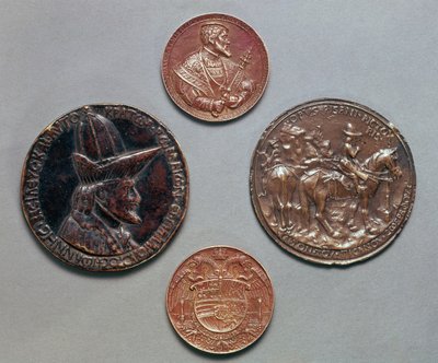 Left and Right: verso = John Palaeologus, recto = Equestrian Effigy of the Emperor, by Pisanello; Top to Bottom: verso = Charles V, recto = The Great Coat of Arms of the Empire, by Hans Reinha by French School