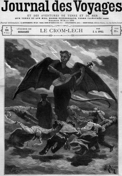 Legend of Bessarabia (Eastern Europe): Crom Lech. Satan, playing balalaika, trains dancers into an endless round. Engraving in Journal des Voyages of 26 March 1899 by French School