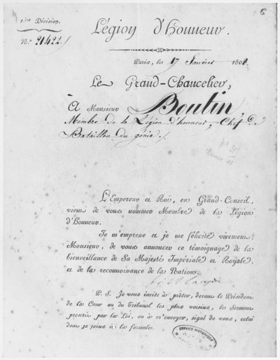 Legion of Honour given to Colonel du Genie Boutin, 17th January 1808 by French School