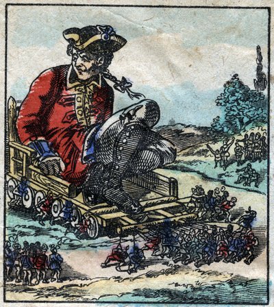 Lemuel Gulliver, a prisoner is transported on a cart pulled by the Lilliputians. Illustration for 