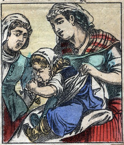 Lemuel Gulliver at the Payx des Gants de Brobdingnag. Illustration for "Gulliver
