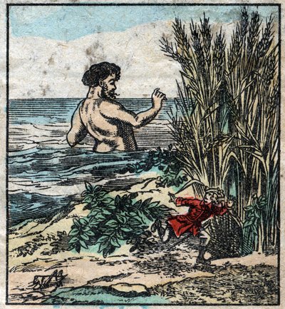 Lemuel Gulliver Hides from a Giant in Brobdingnag. Illustration for 