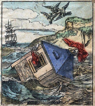 Lemuel Gulliver is in his house in the land of the giants of Brobdingnag. Illustration for 