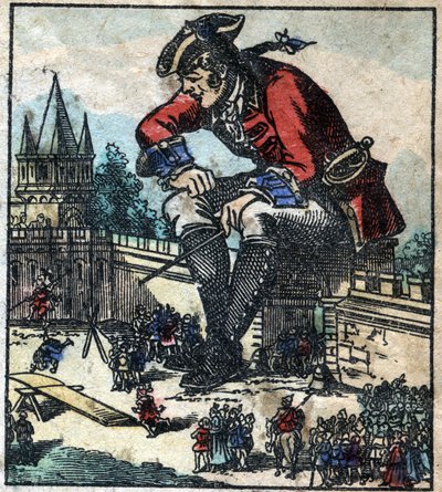 Lemuel Gulliver sitting on the city