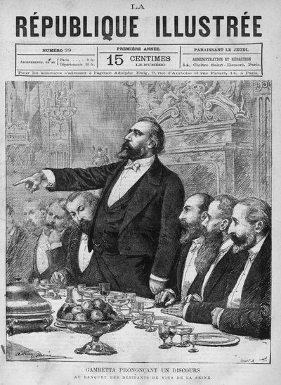 Leon Gambetta (1838-1882) giving a speech at the banquet of the wine debiters of the Seine. A newspaper. Engraving from 1880 in 