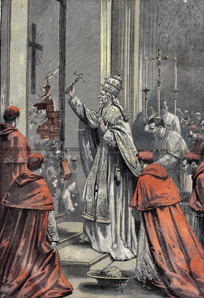 Leon XIII, Vincenzo Gioacchino Raffaele Luigi Pecci (1810-1903), 256th Pope of the Catholic Church, Opens the Door of Jubilee in St. Peter of the Vatican on 24 December 1899. Engraving in 
