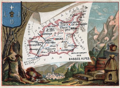 Les Basse Alpes, Today department of the Alpes-de-Haute-Provence, France. Local speciality: hunting, wax, honey, dried fruits and oil. Series on the French Departments. Chromolithography 