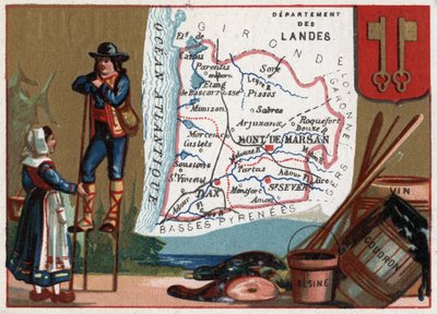 Les Landes, Aquitaine, France. Series on the French Departments. Local speciality: tar and wine resin. Shepherd of the Landes. Chromolithography the geographic thread, circa 1920. Private collection by French School