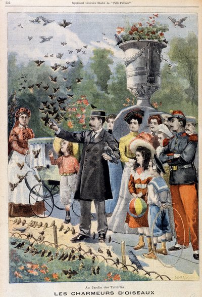 The bird charmers in the Tuileries Garden - in Le Petit Parisien from 21/07/1901 (engraving) by French School