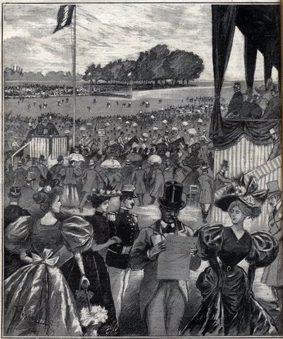 Les courses de lyon (racetracks de Lyon) - after the grand prix - engraving in “Le Progres illustrious” of 1895 by French School