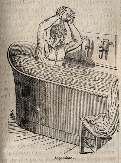 The gestures of the bath - Hygiene in the 19th century - man in a bathtub - engraving in "La Sante Universelle - Guide Medical des Familles" 1852 by French School