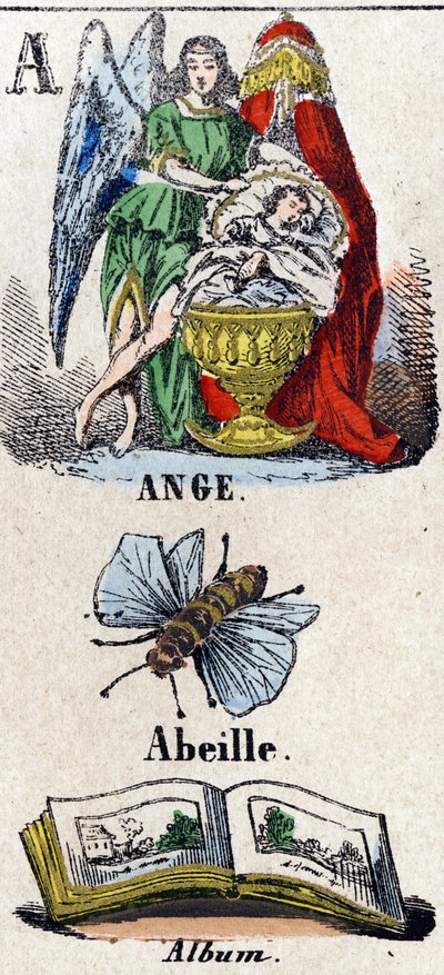 Letter A like Angel, Bee and Album. A Protective Angel near a Child Sleeping in a Cradle. Small Encyclopedic Alphabet. Imaging of Epinal, circa 1860 by French School