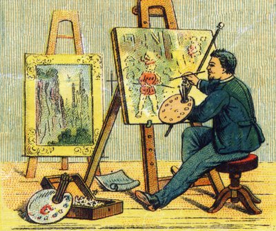 Letter A: painter in his studio. Engraving in "ABC indechirable on varnished canvas". A. Capendu, editor, Paris, late 19th century. Children