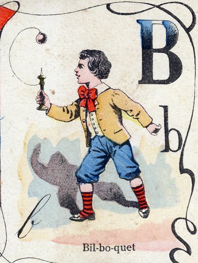 Letter B: Bilboquet. Engraving in "ABC des joux pour petits boys". Late 19th century by French School