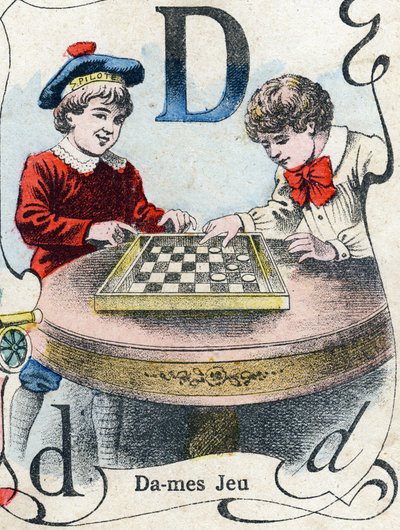 Letter D: Checkers game. Engraving in "ABC des joux pour petits boys". Late 19th century by French School