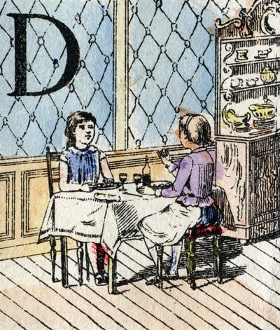 Letter D, Girl Playing Dinette. ABC of the Little Girls. Epinal Imaging by French School
