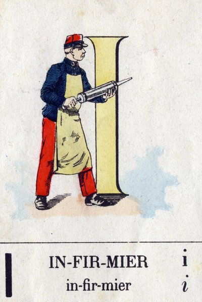 Letter I as a nurse. Military alphabet. Imaging of Epinal by French School