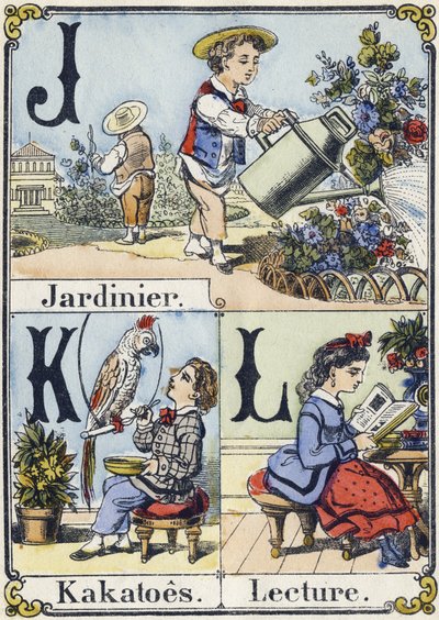 Letter J, K and L: Gardener, Kakatoes and Reading. Recreative Alphabet. Epinal Imaging, circa 1880 by French School
