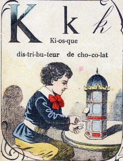Letter K: chocolate dispenser kiosk. Engraving in "ABC des joux pour petits boys". Late 19th century by French School