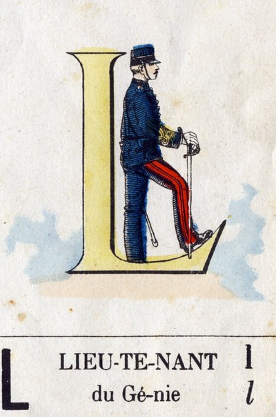 Letter L as lieutenant. Military alphabet. Imaging of Epinal, circa 1870-1880. Stencil-coloured woodcuts by French School
