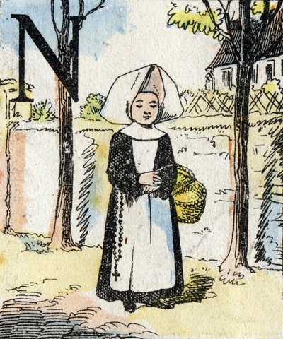 Letter M Girl as Nun. ABC of the Little Girls. Epinal Imaging by French School