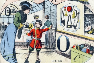 Letter O: Officer. Engraving in "ABC des joux pour petits boys". Late 19th century by French School