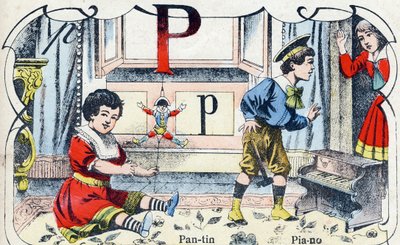 Letter P: Pantin Piano. Engraving in "ABC des joux pour petits boys". Late 19th century by French School