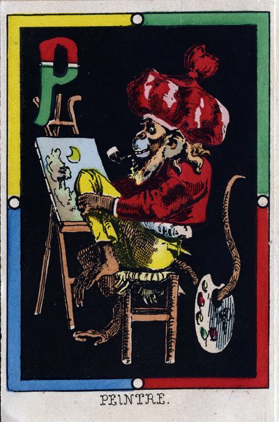 Letter P as painter. Alphabet of monkeys. Wood engraving. Imaging of Epinal by French School