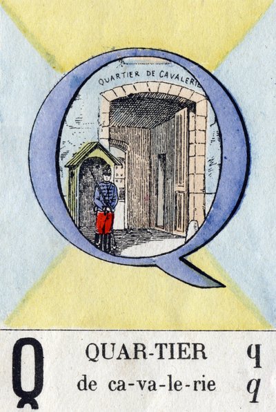 Letter Q as a neighborhood. Military alphabet. Imaging of Epinal, circa 1870-1880. Stencil-coloured woodcuts by French School