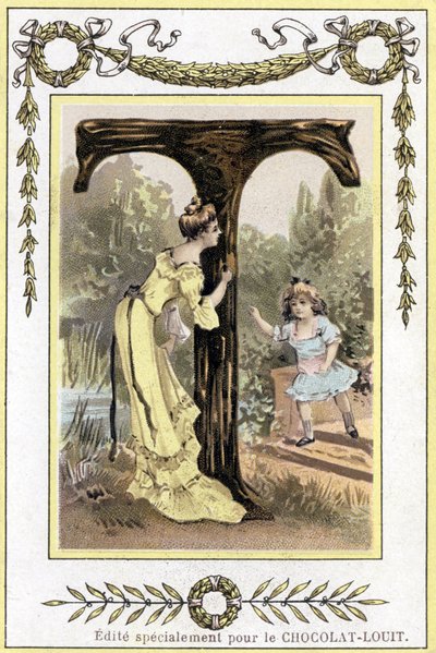 Letter T representing a mother and her daughter playing hide and seek, late 19th century (chromolithograph) by French School
