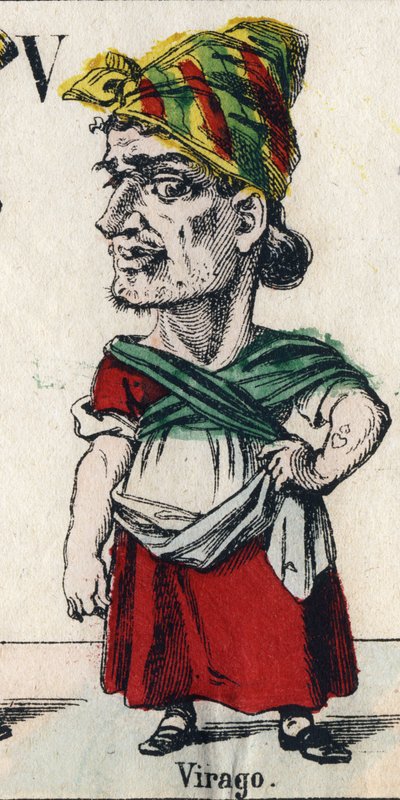 Letter V: Virago. Engraving in "Comic Alphabet". New Epinal Imaging. Lithography Pinot et Sagaire, between 1860 and 1888 by French School