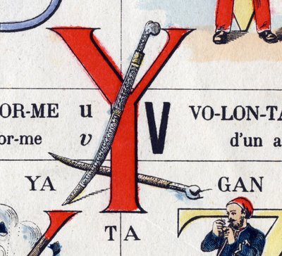 Letter Y as yatagan. Military alphabet. Imaging of Epinal, circa 1870-1880. Stencil-coloured woodcuts by French School