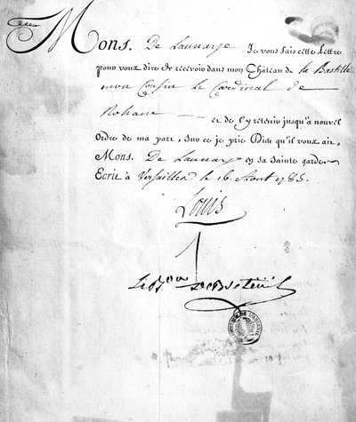 Letter from Carhel, signed by Baron Louis de Breteuil, ordering the imprisonment of Cardinal de Rohan in 